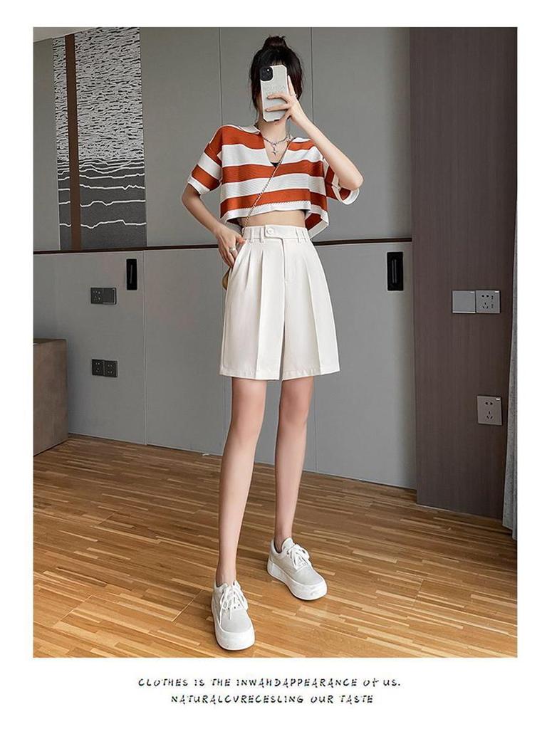 Women's High-Waist Black Bermuda Shorts: Summer, Loose, Straight-Leg, Slimming A-Line, Hong Kong Style.