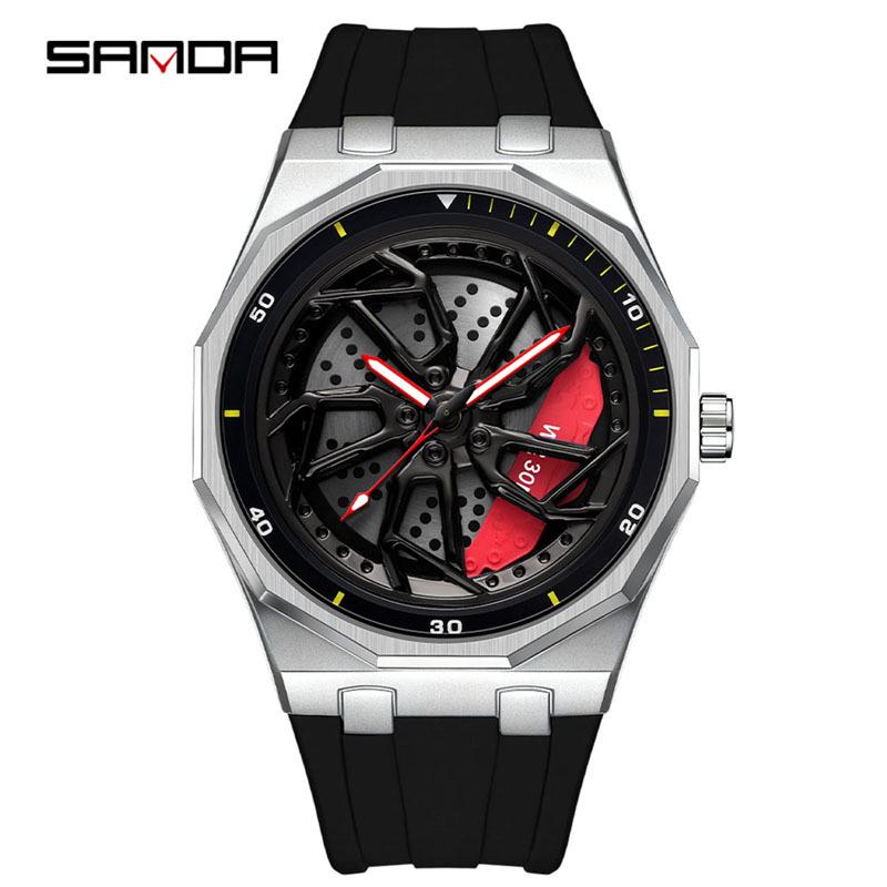 Sanda Men's Waterproof Alloy Car Wheel Design Silicone Wristwatch