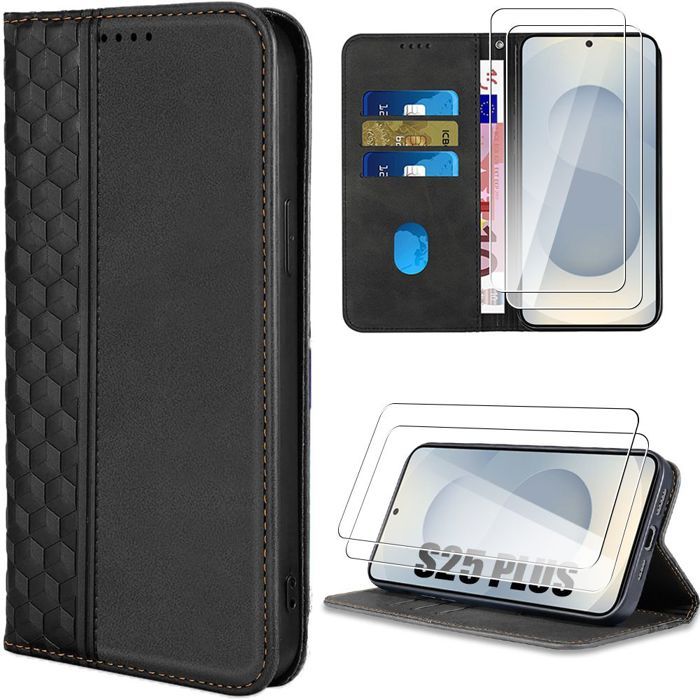 Coque de protection - BOOLING - pour Samsung Galaxy S25 Plus - Cuir synthétique noir - 2 verres trempés - Antichoc