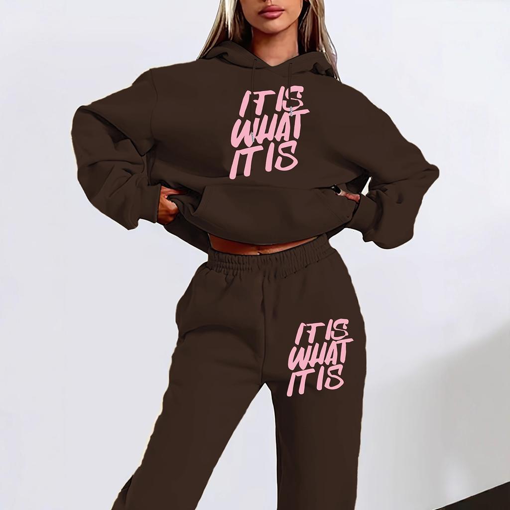Sports and Leisure Sweater Set Letter Printed Simple Women's Sweater Set Autumn Long Sleeve Hooded Sweatshirt