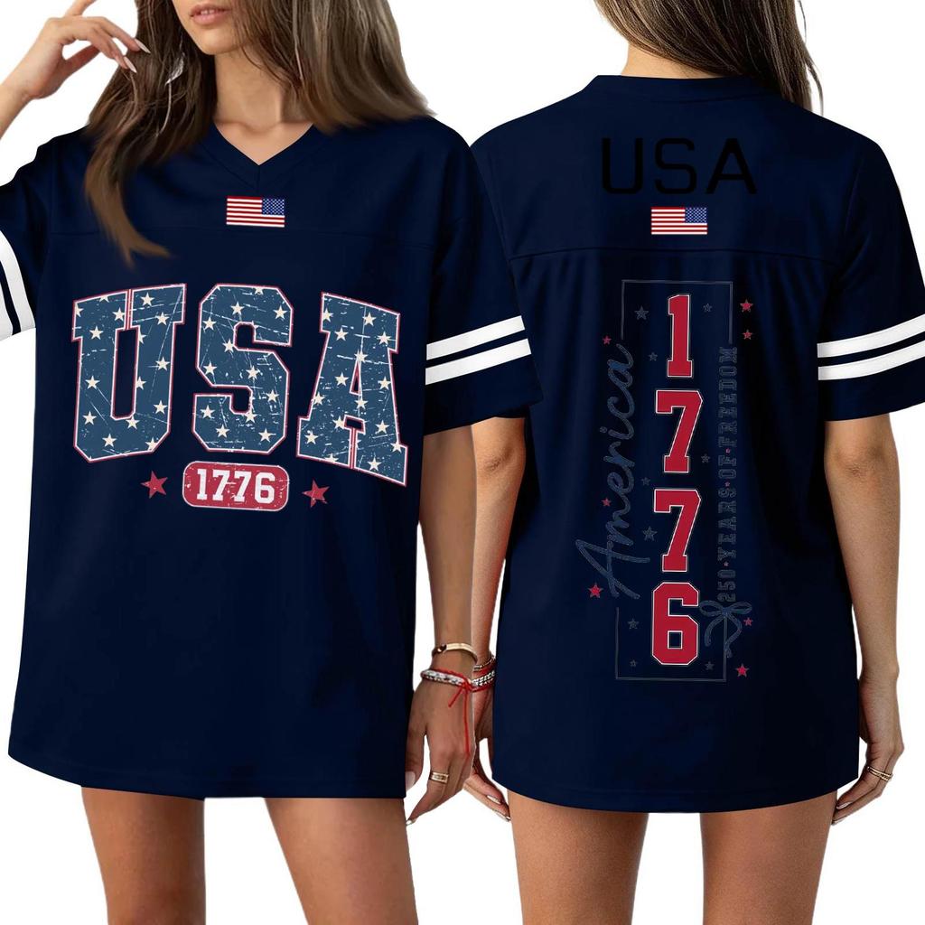 Damen Casual Mode V-Ausschnitt Sport Unabhängigkeitstag Druck Kurzarm Sport T-Shirt Top