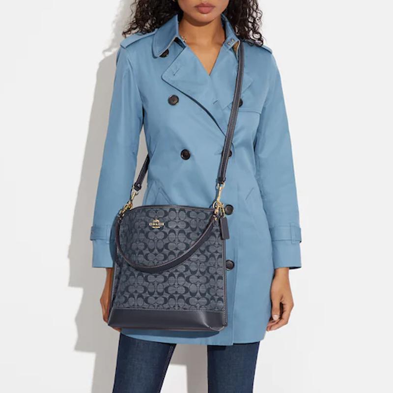 COACH handbag Mollie classic old flower jacquard buckle closure, chambray fabric and cow leather bucket bag hand-held shoulder crossbody bag 28