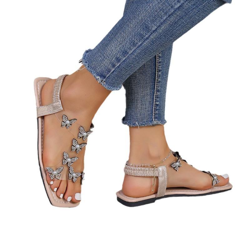 Large Size Elastic Band Rhinestone Flat Sandals Women's Butterfly I-shaped Beach Sandals