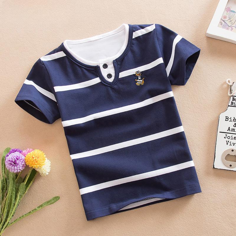 Vêtements d'été pour enfants T-shirt en pur coton Double col Col rond Manches courtes Rayé Uniforme de maternelle Élèves 120cm
