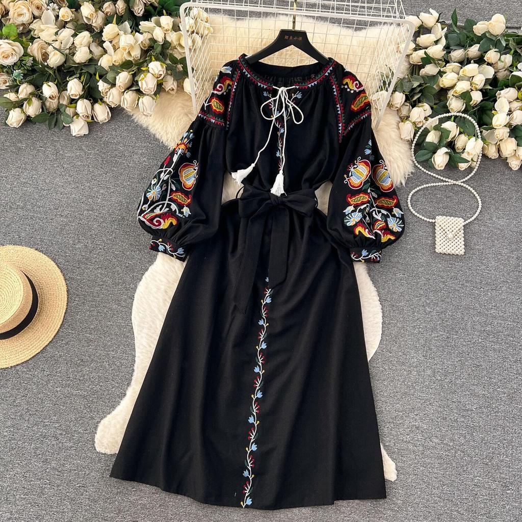 Kadınlar İçin Moda Nakışlı Elbise Rahat Kazak O Yaka Uzun Kollu Bağcıklı Kemer A Kesim Elbiseler Tatil Yeni