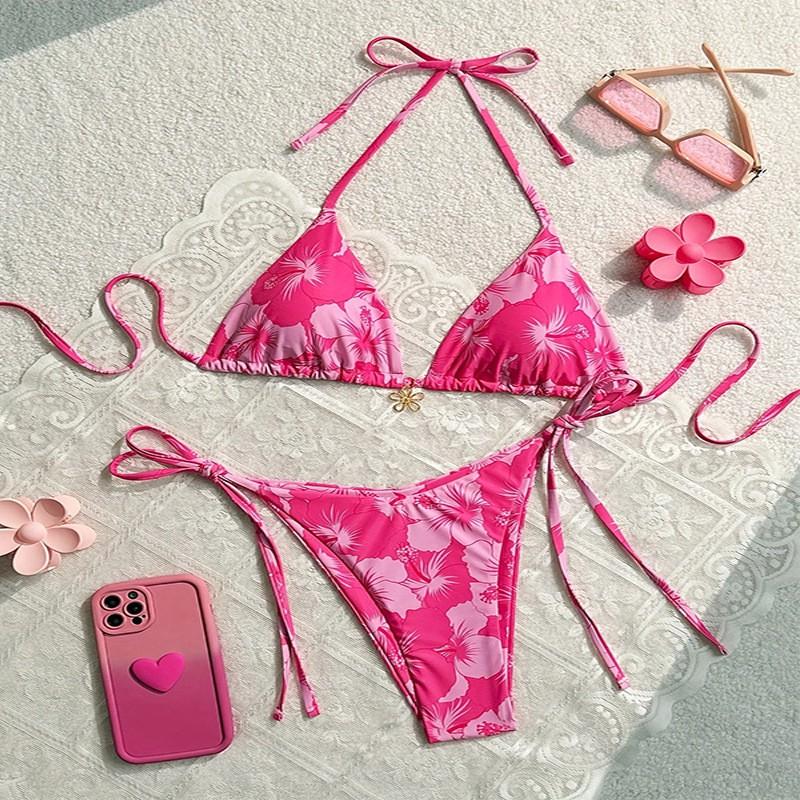 Bikini Triangular Cup Printed Sexy Split Swimsuit Female XL розовый