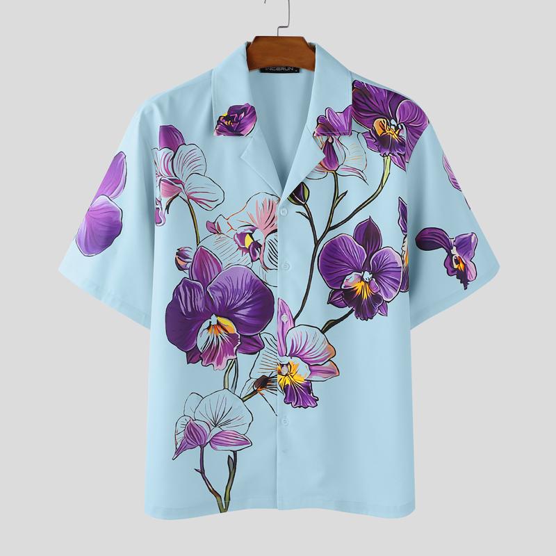 

INCERUN Oversized Men Lapel Neck Short Sleeve Floral Print Casual Shirts синий