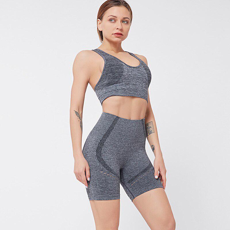 Women Fitness Tracksuit 2 Pieces Set Slim Crop Top +Seamless Shorts Active Wear Outfits Suit