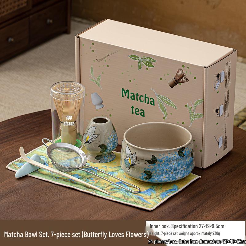 Hand-Painted Matcha Tea Ceremony Set: Whisk, Stirrer, Hyakuhon-date Chasen, and Souvenir Brush