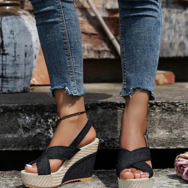 Scarpe taglie forti 35-42 per donna Sandali con zeppa e fibbia alla caviglia per donna Sandali estivi in denim Comodi sandali con suola spessa