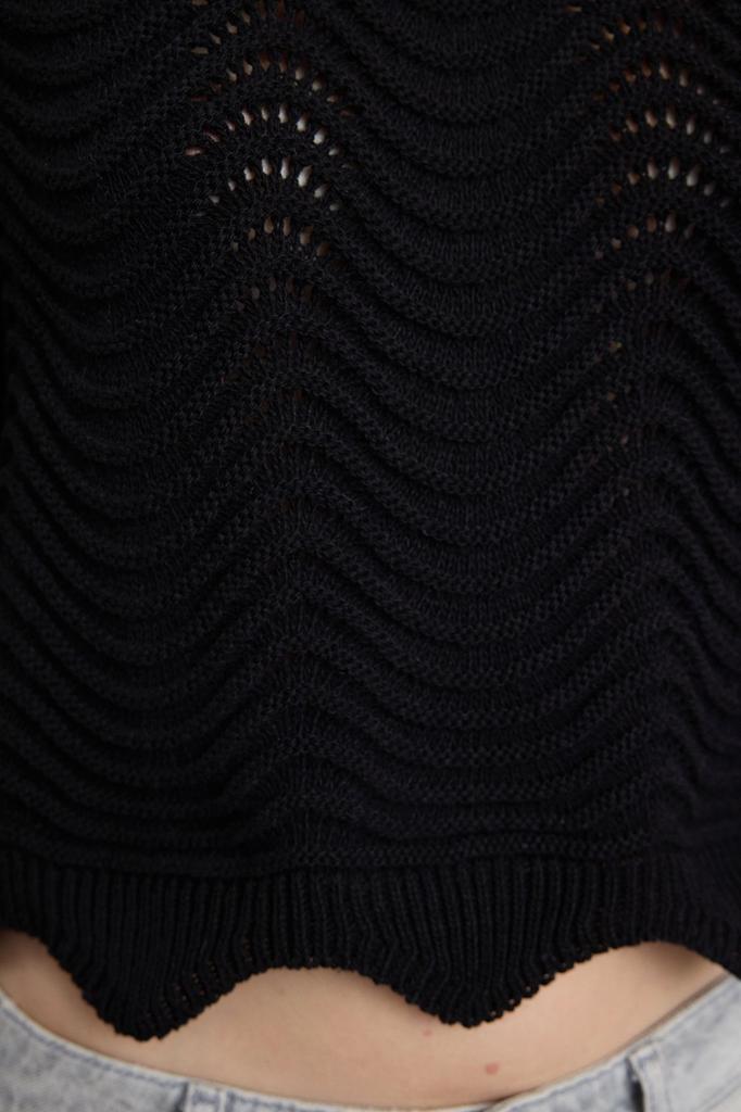 Women's Fashionable Stylish Sweater Black Crop Openwork Hole Crew Neck Knitwear Sweater