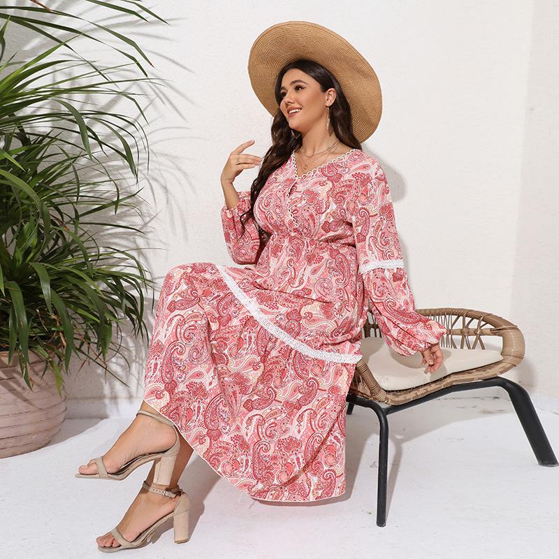 Vår och Höst Dam Plus Size Etnisk Stil Tryckt Klänning Patchwork V-Hals Långa Klänningar