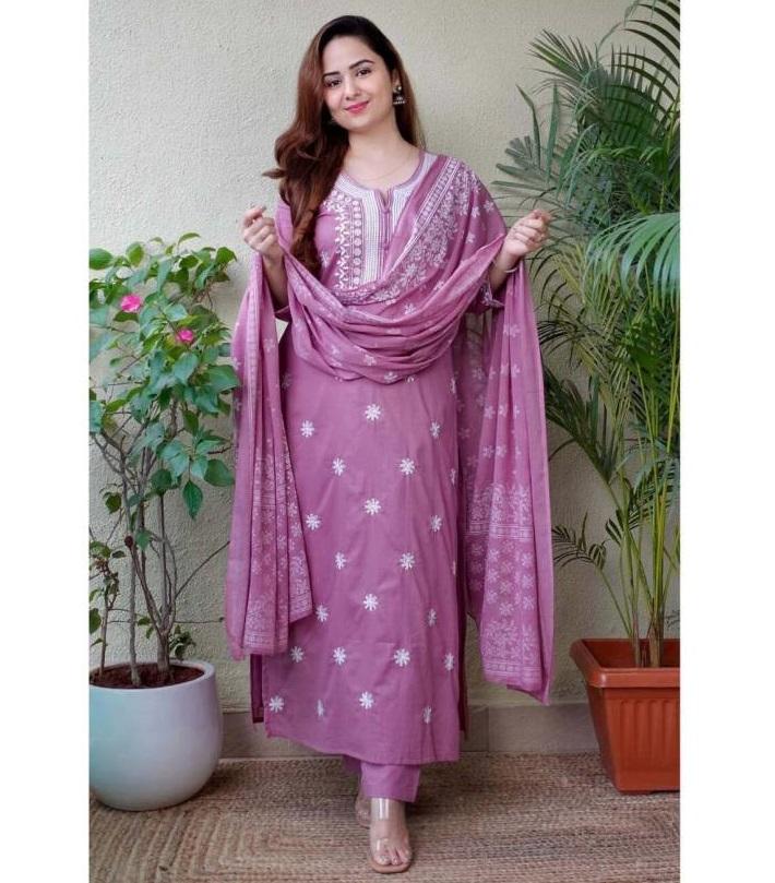 Designer Party Wear Women Cotton Blend Kurta Pant Dupatta Set Indian Pakistani Kurti Salwar Suit