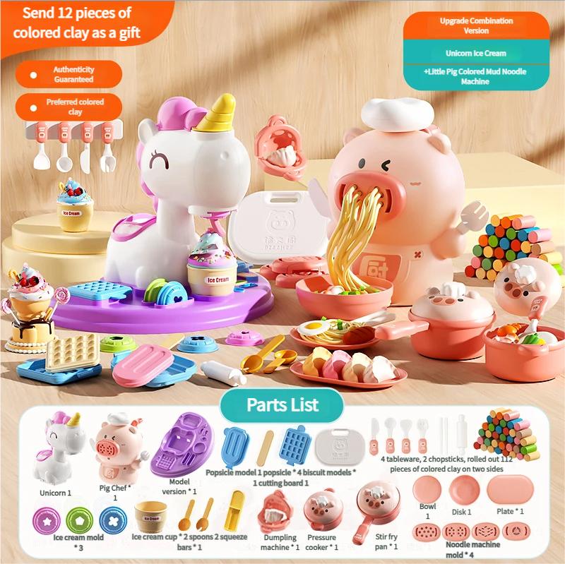 Spiel Einhorn Teig Set Eis Nudelmacher DIY Ton Werkzeuge Ungiftig Montessori Lernspielzeug Für Kinder Mädchen