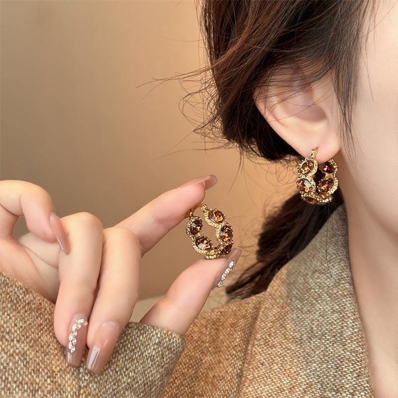 Maillard color crystal circle ear buckle women's unique temperament light luxury earrings new popular high-end stud earrings