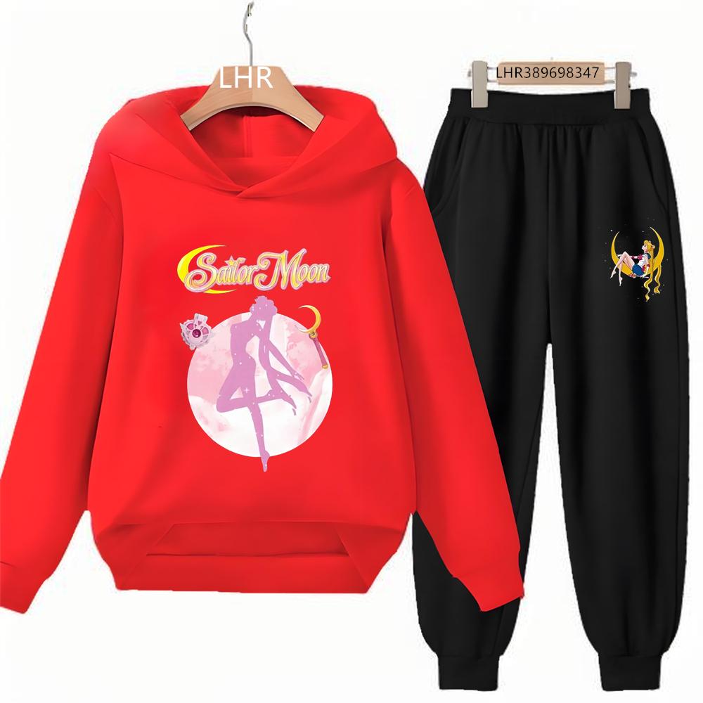 Autumn Hoodie Sailor Moon Print Kids Girl Pink 3-12 Years Sweatshirt+Trousers Sports Pullover Coat Leisure Fashion Anime Set