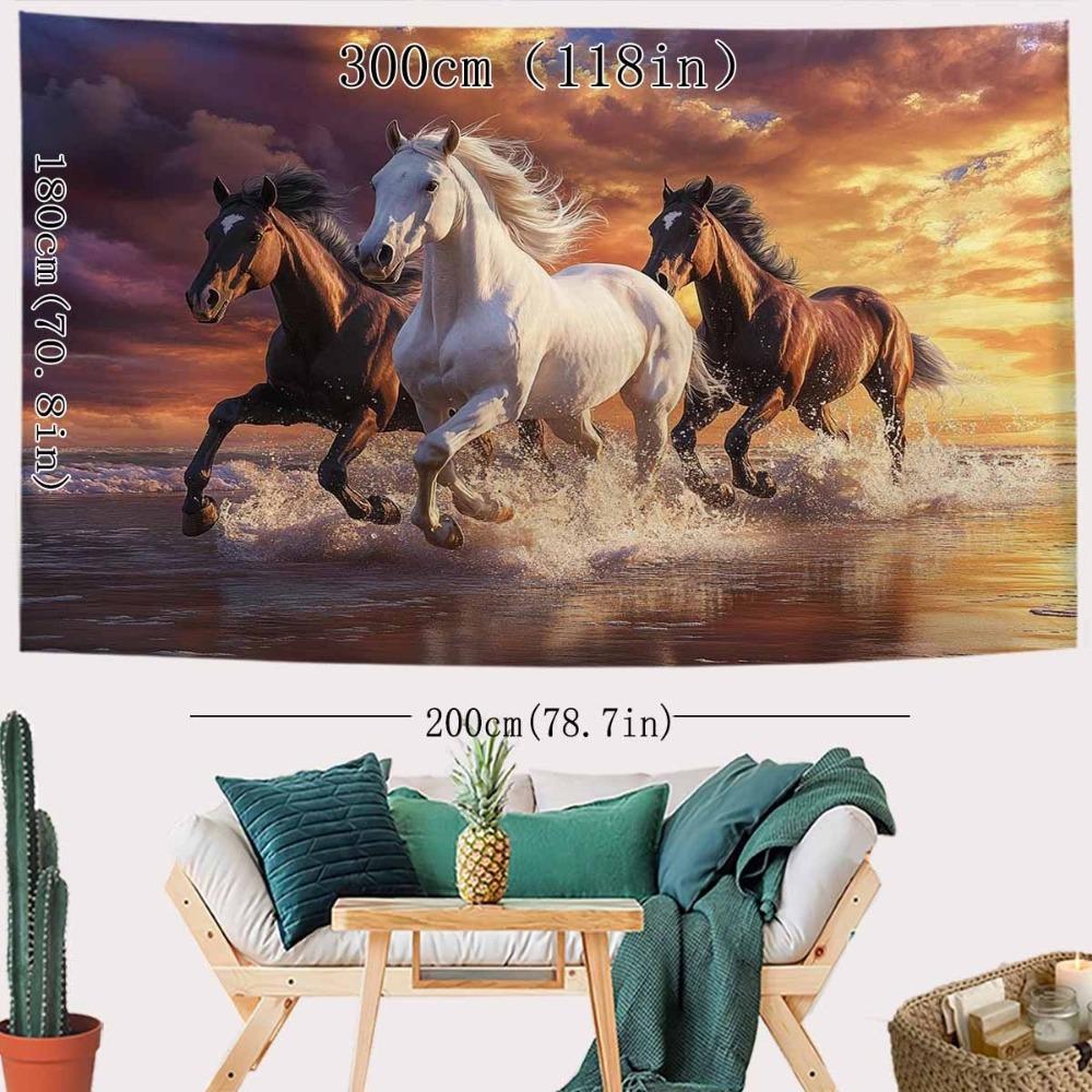 Running Horses Tapestry Wall Hanging, White And Brown Stallions Galloping On Beach At Sunset, Dynamic Animal Wall Art For Living