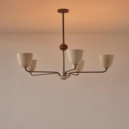 1950s Mid-Century Modern Brass Chandelier | Handmade Wooden Ball 5 Arms Italian Modern Ceiling Pendant | Stilnovo Brass Ceiling Fixture