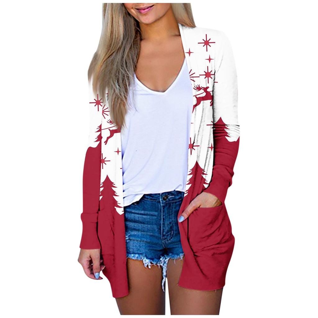 Damenmode, lässig, Weihnachtsdruck, mittellanger Cardigan-Jackenmantel