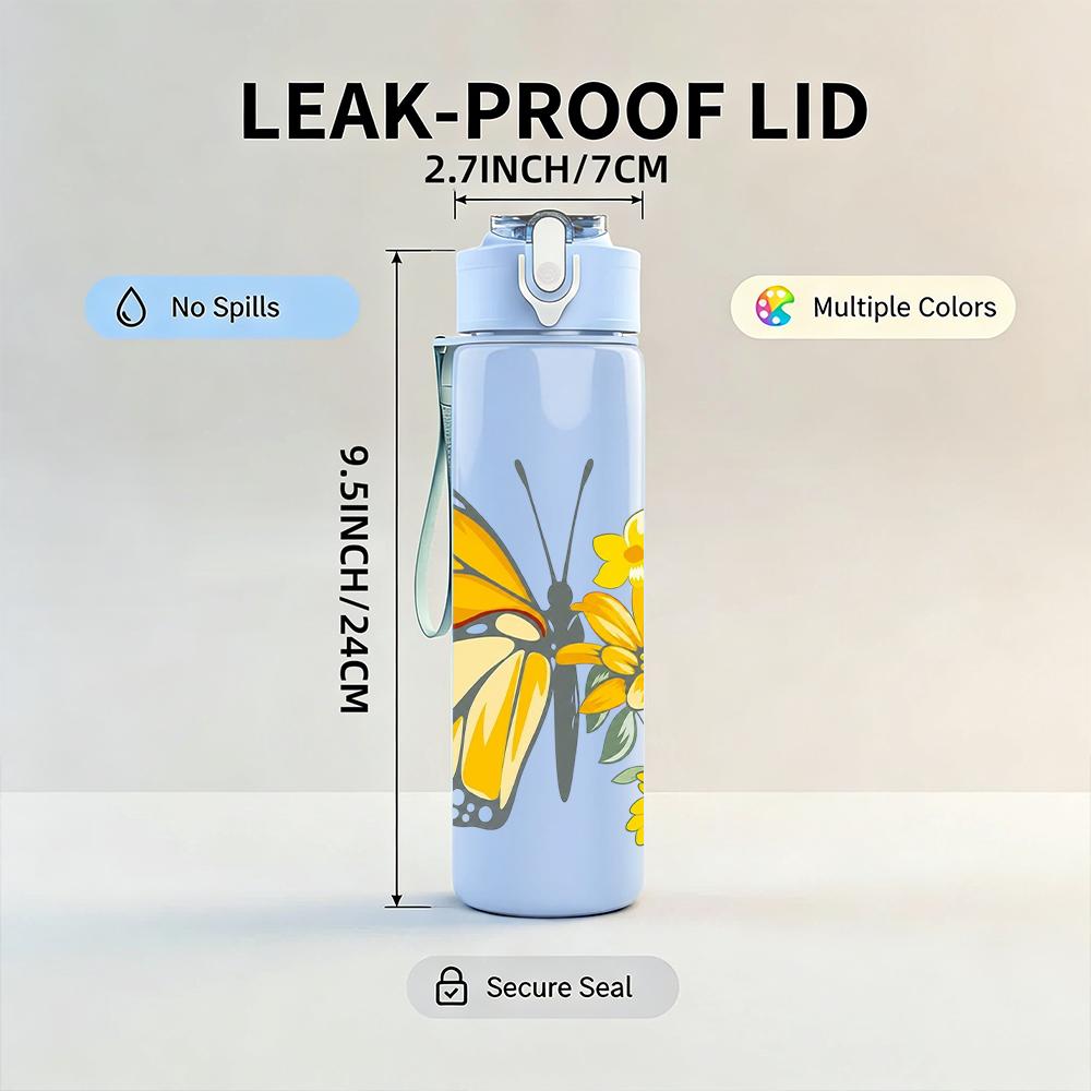 1PC Yellow Butterfly Daisy Floral 750ml Color Plastic Sports Water Bottle Leakproof Flip Straw Lid Suitable for Sports Office Home Use