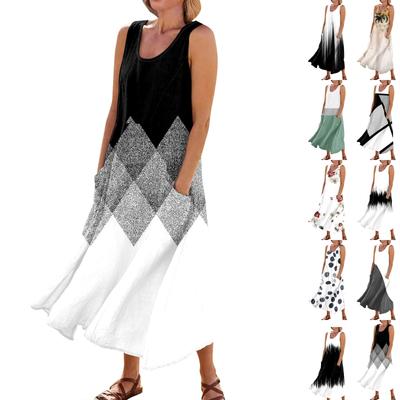 Women's Summer Casual Fashion Retro Printed Sleeveless Round Neck Pocket Dress