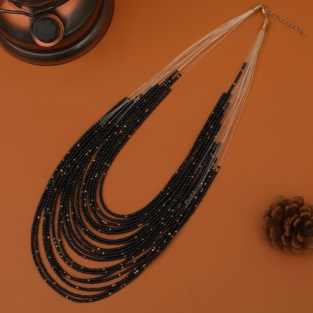 Retro Ethnic Style Rice Bead Necklace Bohemian Multi-layer Beaded Sweater Chain