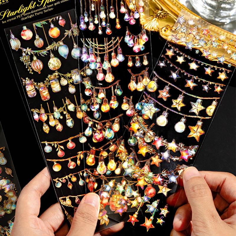 Mr. Paper 4Style 12Pcs/bag Ice Crystal PET Stereoscopic Laser Gold Flat Stickers DIY Handbook Creative Materials Decorative Card