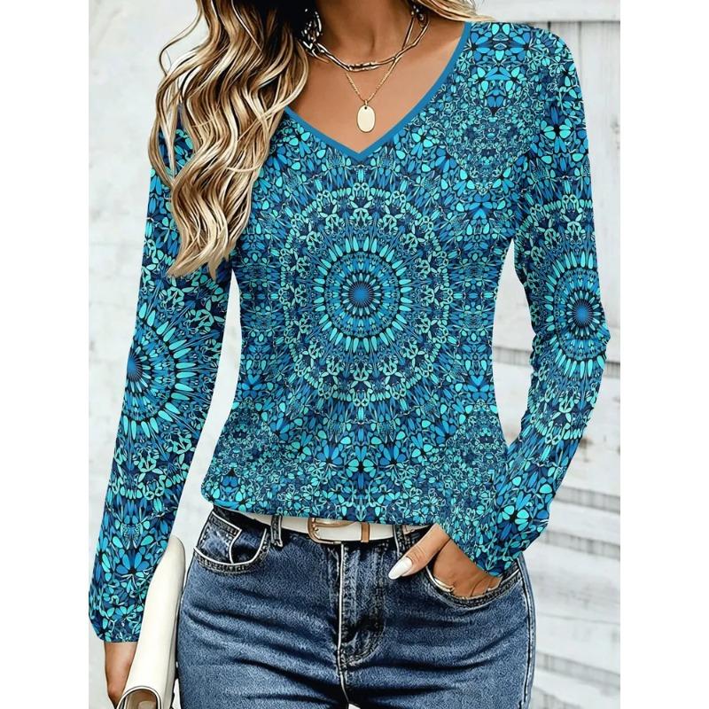 Women's Autumn 3D Printed V-Neck Long Sleeve T-Shirt
