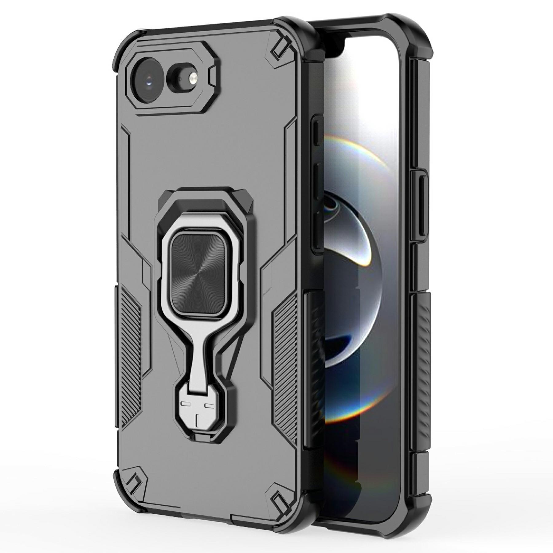 

For iPhone 16e Case Rotatable Ring Kickstand PC+TPU Shockproof Phone Cover Black