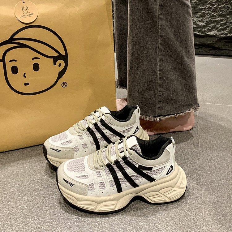 2025 new women's shoes breathable mesh leather dad shoes thick sole old sports casual shoes lace up dirty single shoes