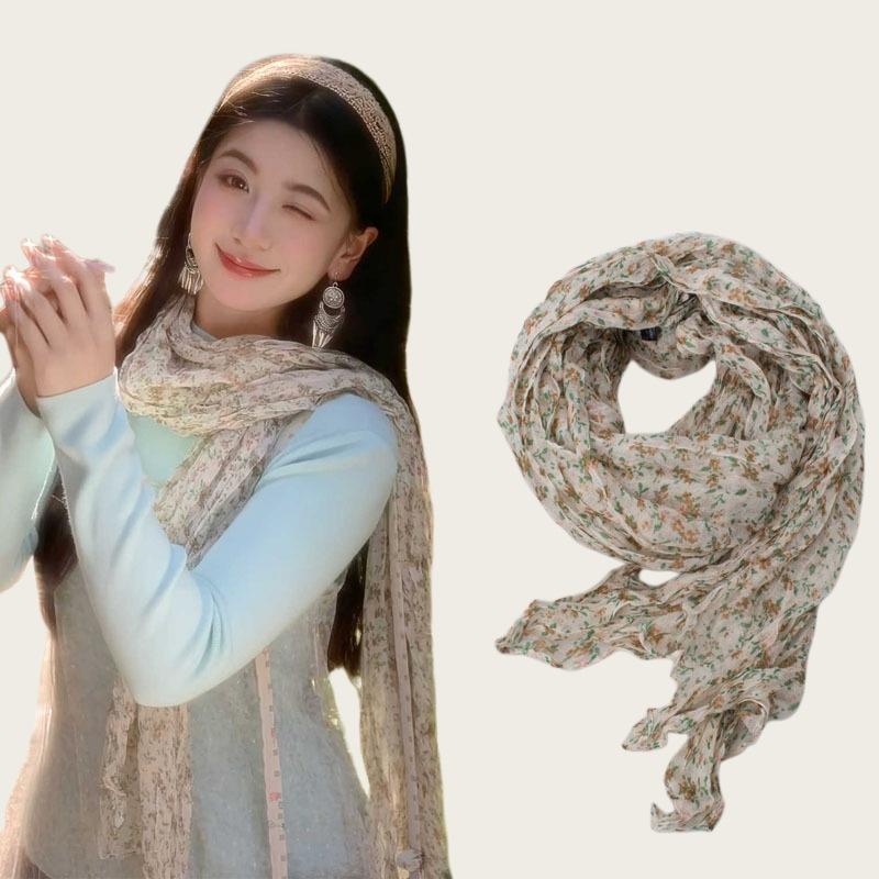 Literarische und Retro-Kontrastfarben, lange Seidenschals mit Blumenmuster, Damenmode, ausländischer Stil, hochwertiger Hals- und Nackenschmuck, hochwertig vielseitig