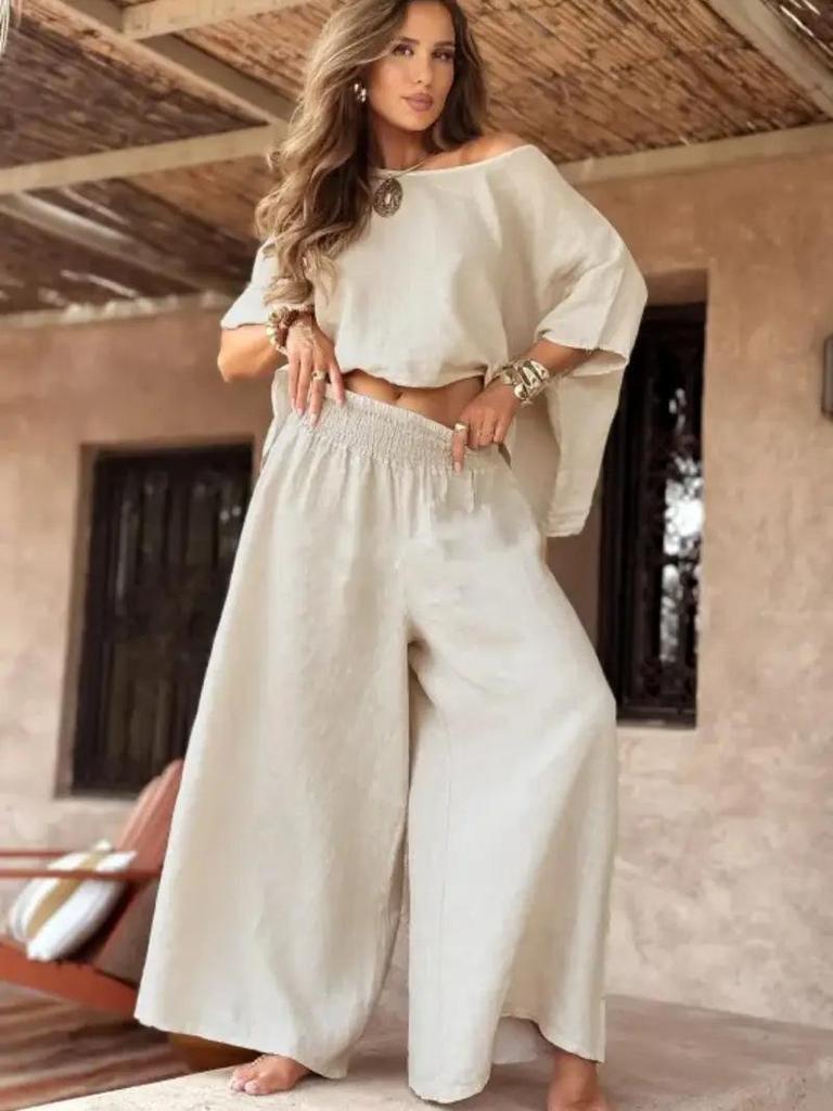 Top Marrone a Manica a Pipistrello con Spalle Scoperte e Pantaloni a Gamba Larga a Vita Alta Set Due Pezzi