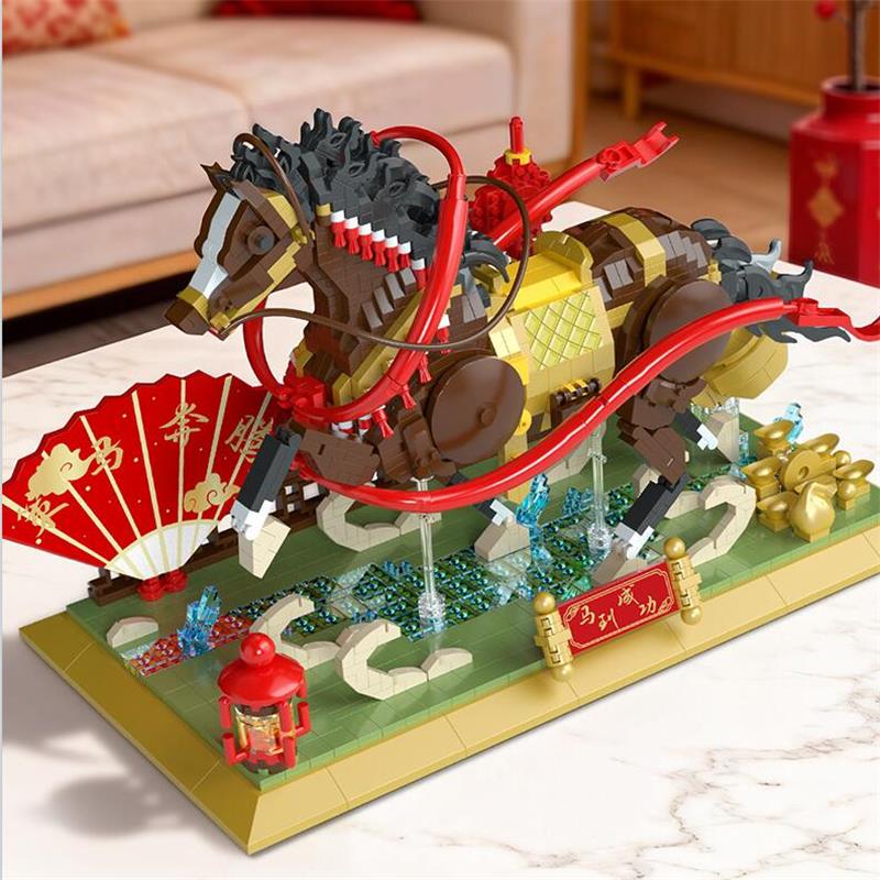 Diy Mini Blocks New Year Decoration Chinese Spring Festival Horse Dragon Boat Micro Bricks Toys Adult Gift Girl Present