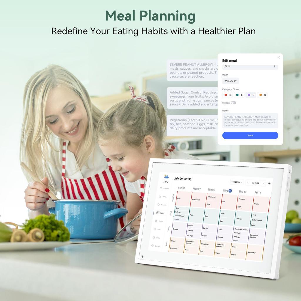 TABWEE Digital Calendar P10 10.1 Inch Touch Screen Calendar App Sync List Notepad Family Calendar Electronic Calendar