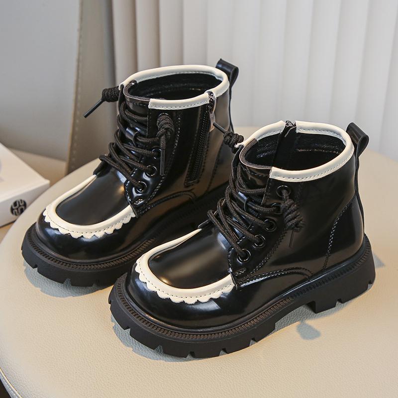 

Ботинки для девочек, детские модные короткие ботинки из глянцевой кожи, нескользящие, из полиуретана, прямые поставки, кружевные, в стиле Лолиты, детские, универсальные, мягкие ботинки 26 чёрный