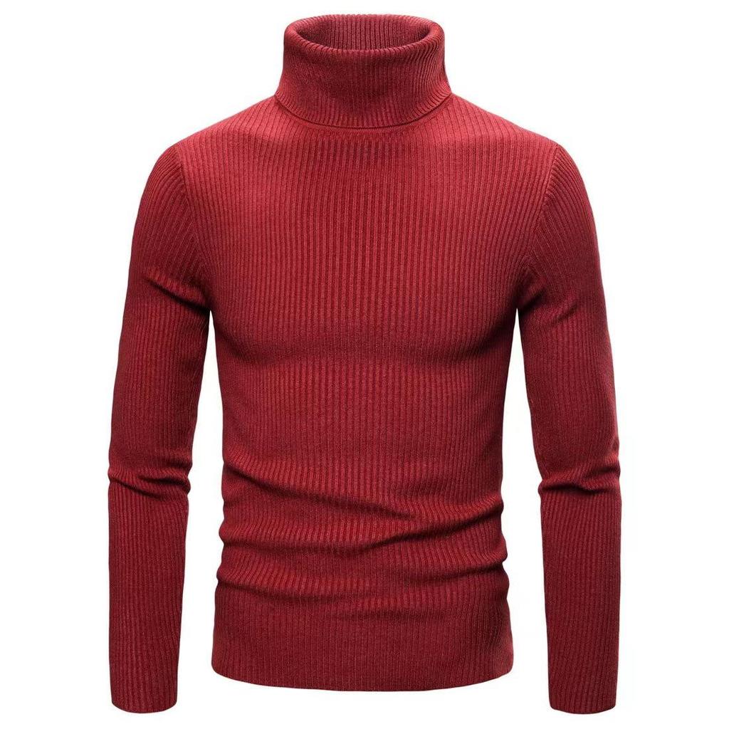 Men's Solid Color High Neck Slim Fit Striped Knit Sweater