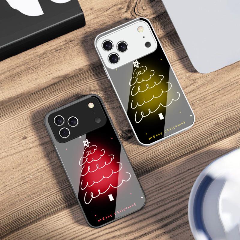 White Line Christmas Tree For iPhone 17 Air 16 E 15 14 13 Plus 12 Mini 11 17 Pro Max XR Xs Max 16E 7 8 Tempered Glass Phone Case