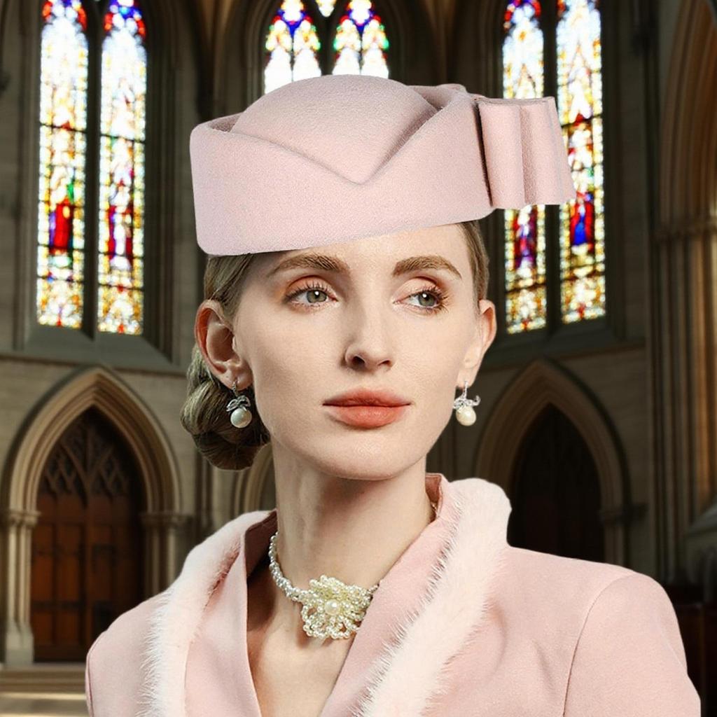 Vintage Wool Pillbox Hat with Bow, Light Pink, Formal Church Wedding Fascinator, Women's Special Occasion Headwear