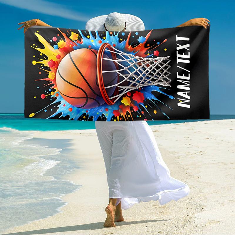 1PC Custom Name "Colorful Basketball Splash Art" Beach Towel Highly Absorbent And Sand-Resistant Towel for Swimming, Pool, Yoga, And Travel Lightweigh