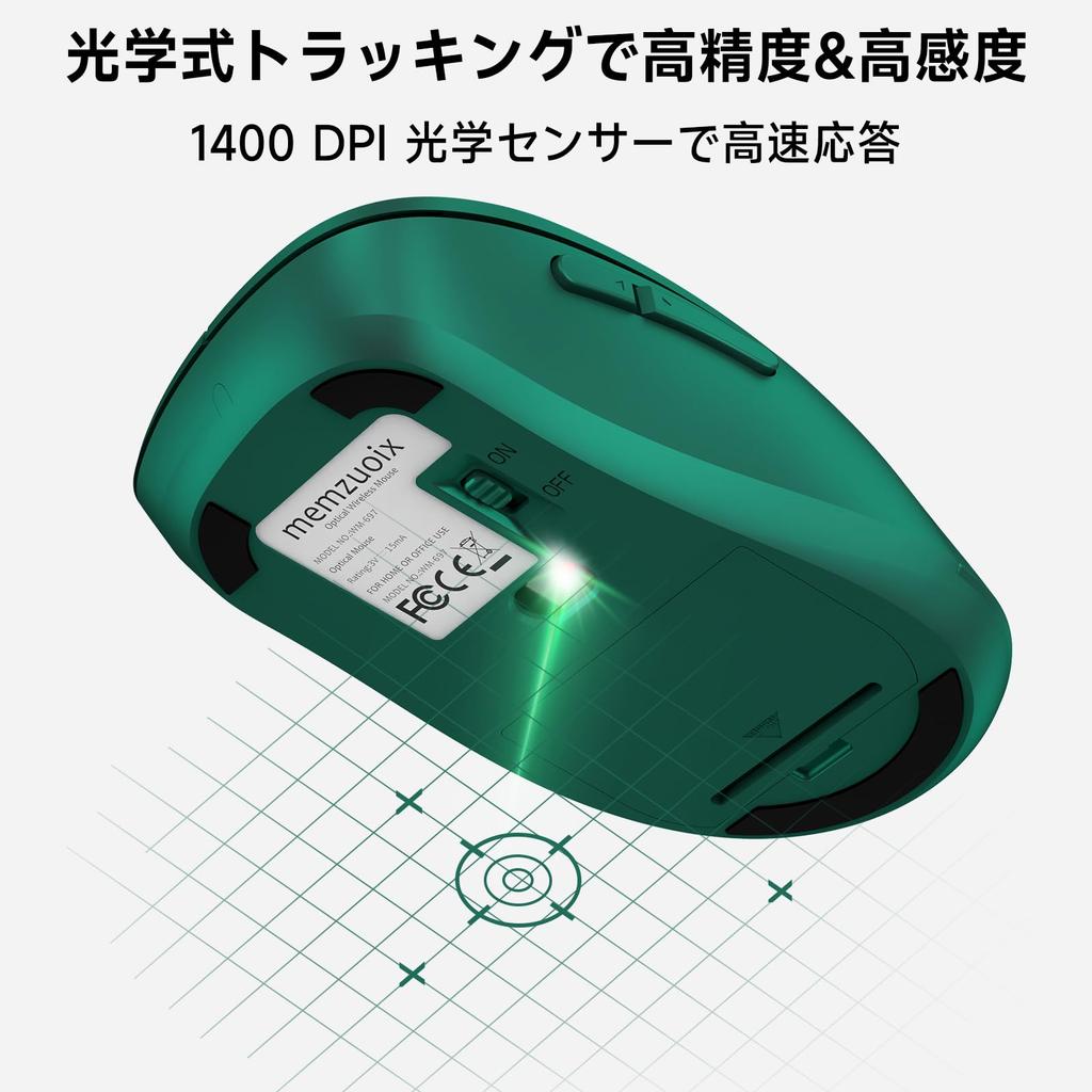 memzuoix Wireless Ergonomic for Long 1400DPI Optical USB Receiver 5 Compatible with Chrome Dark Green Mouse, 2.4GHz, Design, Fatigue-Free Use,