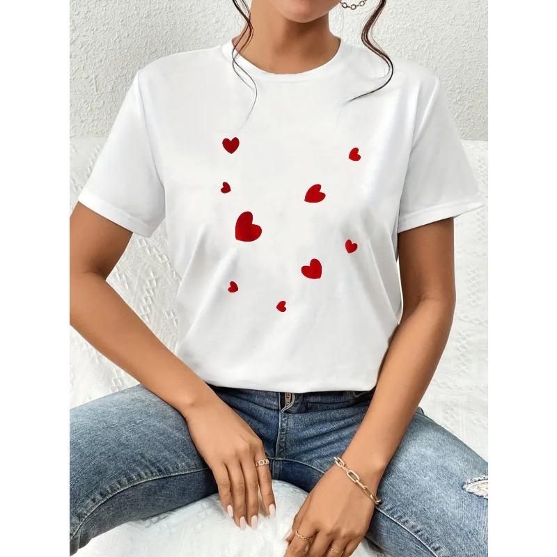 European Size Valentine's Day Women's Casual Round Neck Short Sleeve T-Shirt with Small Heart Print - Perfect Choice for Spring and Summer