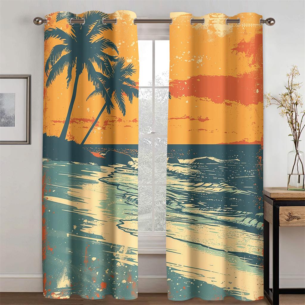 3D Palm Tree Sea Coast Retro Sea View Curtains Beach Sunset Living Room Bedroom Kitchen Balcony Decor New Products Promo 2 pcs