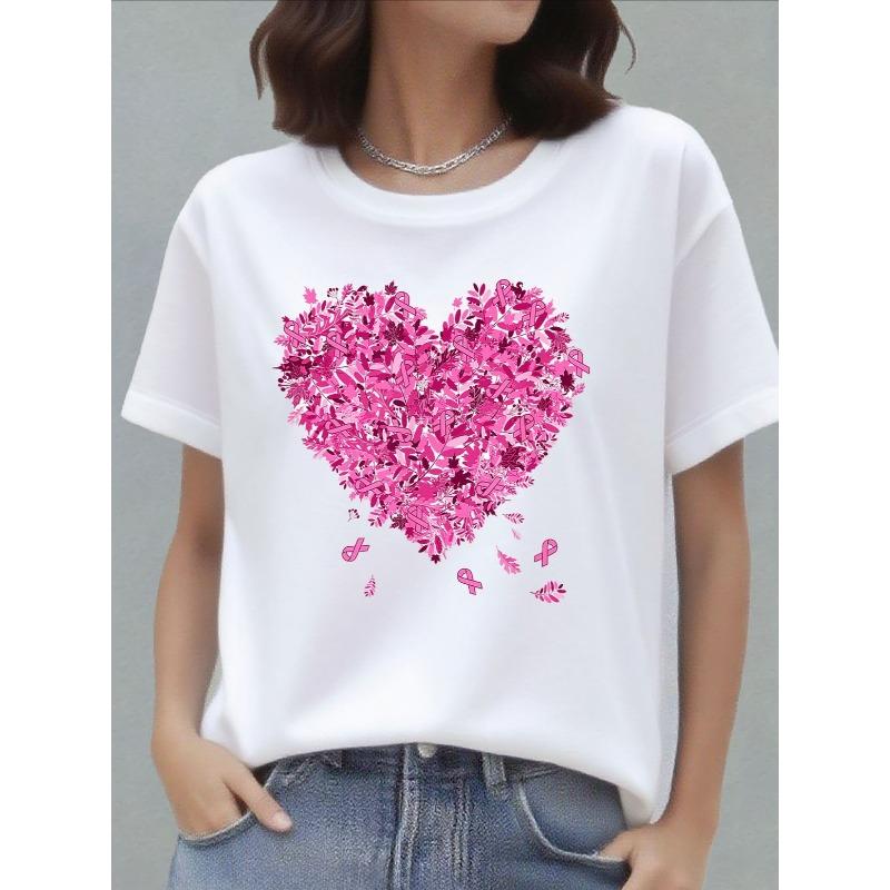 European sizes Women S Breast Cancer Awareness T-Shirt - Pink Heart with Leaves Graphic - Soft Everyday Shirt for October - Breast Cancer Support Tee S