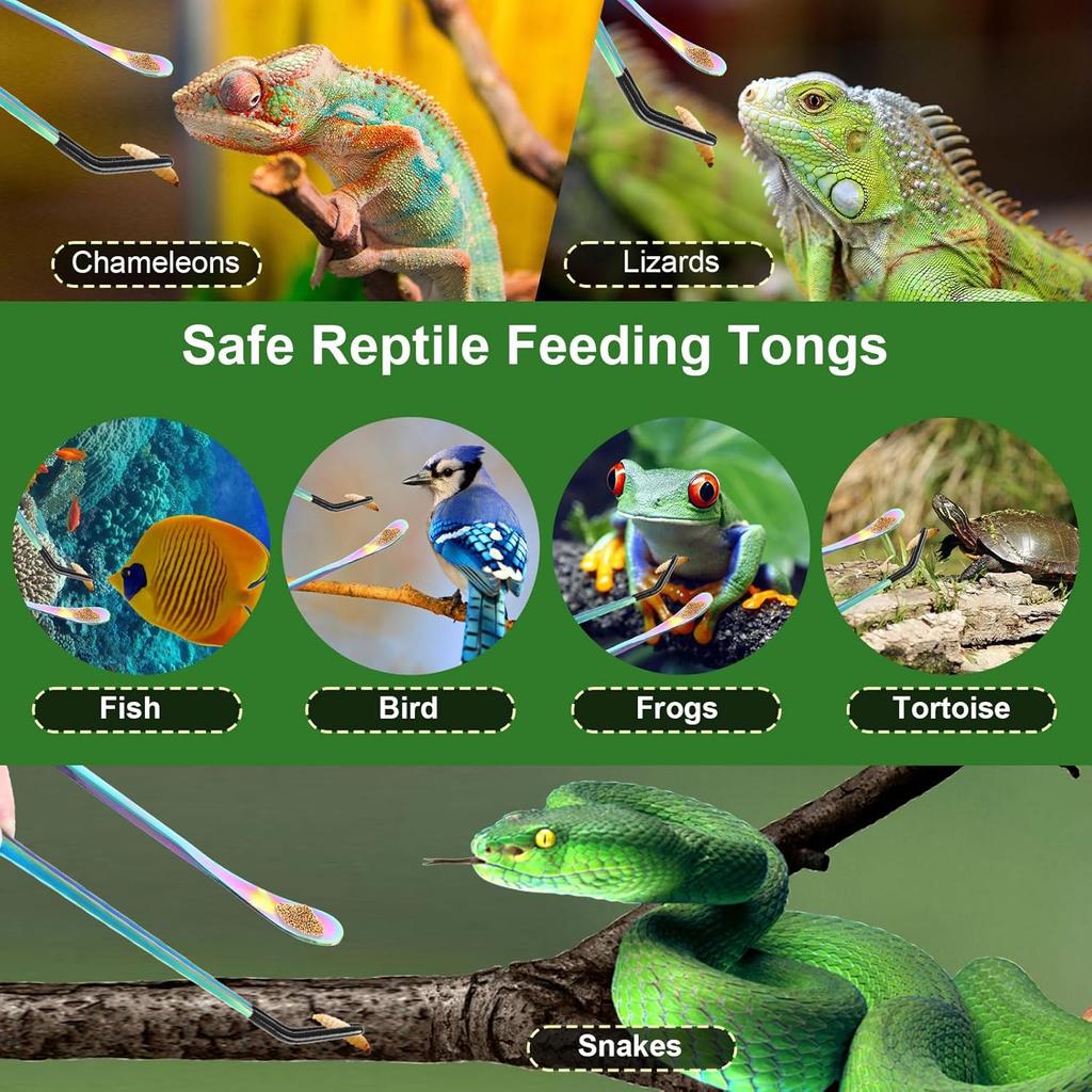 3PCS Stainless Steel Reptile Feeding Tongs, Reptile Tweezers Set with 10.6" Straight & Curved Rubber Tips, Feeding Tongs for Reptiles and Feeding