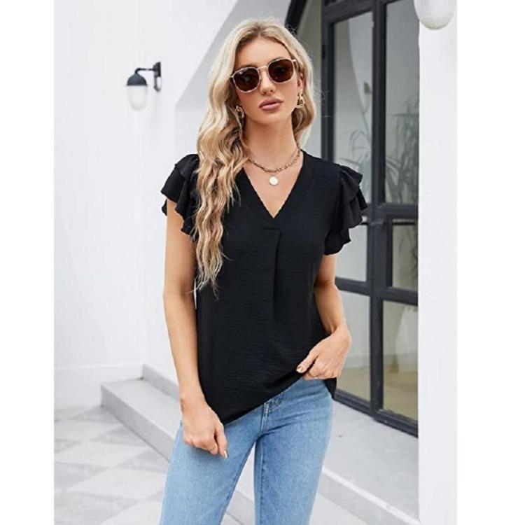 Summer V Neck Ruffle Chiffon Blouse Women Short Sleeve Office Casual Top Shirts