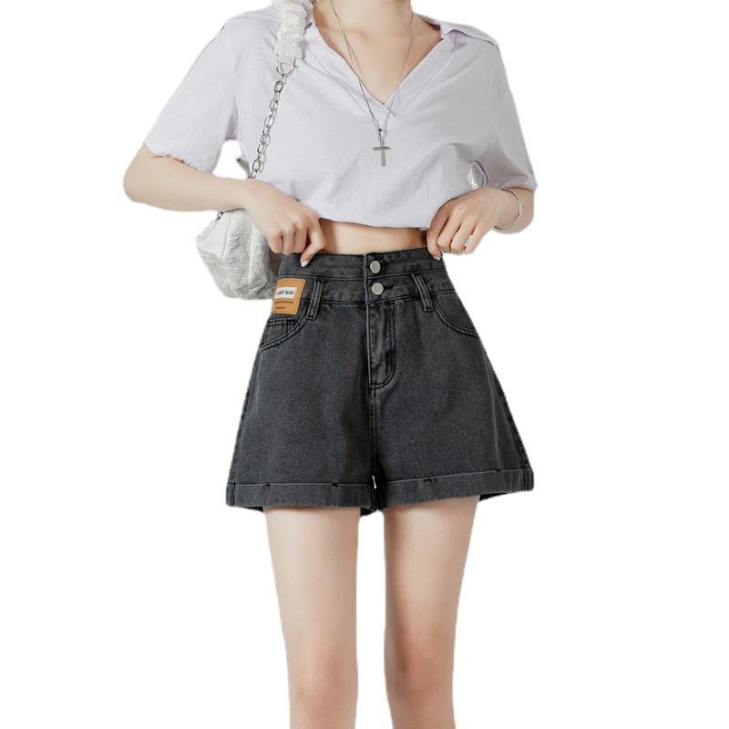 Women's High Waist Denim Shorts - Summer Thin Style, Double Button, Patchwork, Rolled Hem, A-line Wide Leg, Loose Fit, Slimming Hot Pants