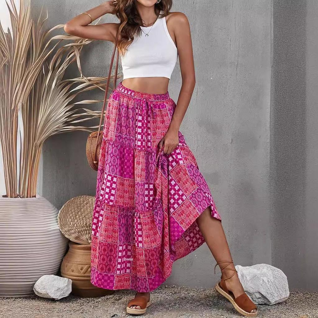 Women's Ethnic Printed Bohemian Summer Long Skirt with Wide Hem
