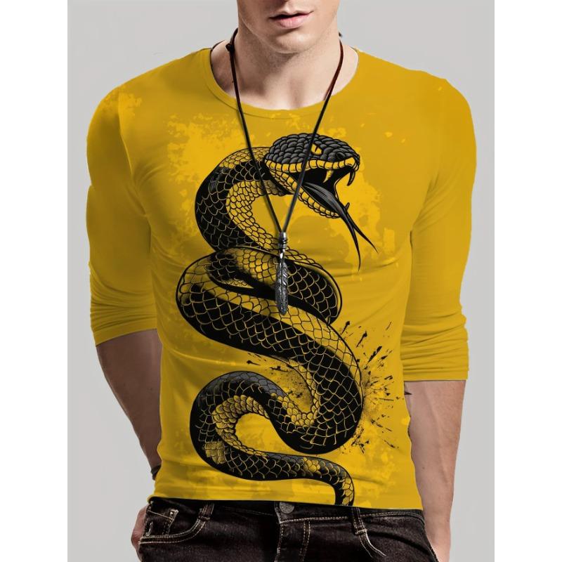 Round Neck 3D Snake Printed Top Casual Long Sleeved Men's T-shirts - Soft Medium Stretch Polyester Fabric Spring and Autumn Relaxed Fit Clothing