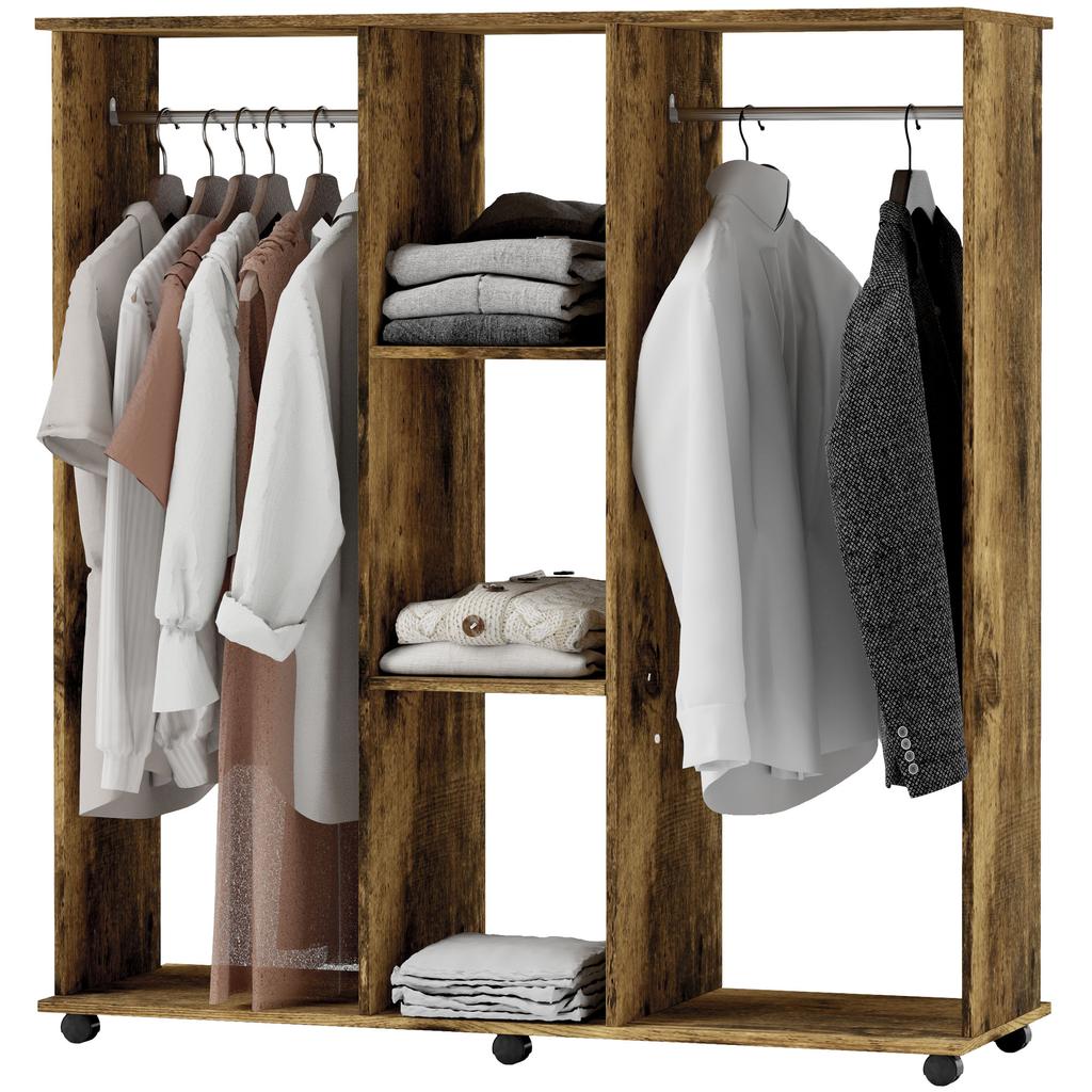 Open Wardrobe Double Mobile Storage Shelves Organizer W/6 Wheels-Rustic Brown