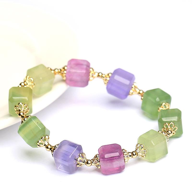 Hongchu Crystal Natural Colorful Fluorite Cube Bracelet Unicorn Gradient Color Fluorite Square Bead Bracelet